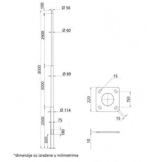 STUB SA STOPOM 8M GALVANIZOVAN SIVI